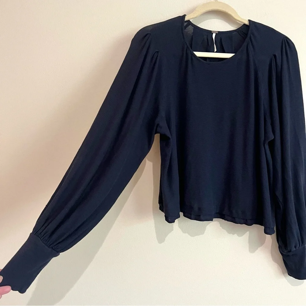 Free People Navy Billie Balloon Puff Sleeve Oversized Peasant Top Sz Medium